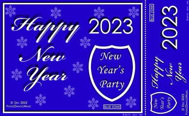 Happy New Year 2023.  Invitation card. New Year's party. Blue Zone. Design of a greeting card.
