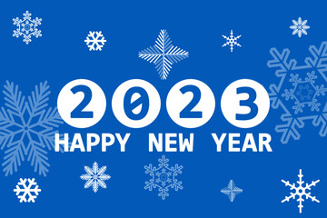 Greeting card - Happy New Year 2023. Blue design with white snowflakes. Minimalism.