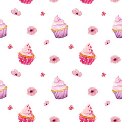 Watercolor seamless pattern with cupcakes and flowers isolated on white background. Valentine's Day concept.