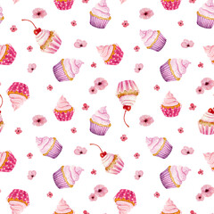 Watercolor seamless pattern with cupcakes and flowers isolated on white background. Valentine's Day concept.