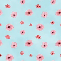 Foto auf Glas Nahtloses Muster mit wilden kleinen rosa Blumen des Aquarells auf Türkishintergrund. © Nataliia Pyzhova