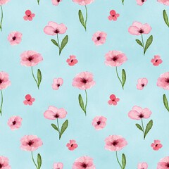 Seamless pattern with watercolor wild small pink flowers on turquoise background.