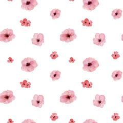 Seamless pattern with watercolor wild small pink flowers isolated on white background.