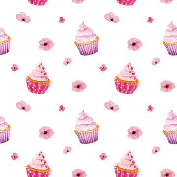Watercolor seamless pattern with cupcakes and flowers isolated on white background. Valentine's Day concept.