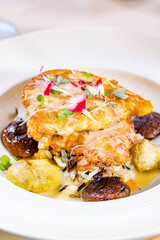 Chicken Francaise with Sauteed Artichokes, Wild Rice and Mushrooms