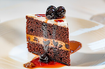 Black Forest Cake with Candied Black Cherries and Black Cherry Chocolate Sauce