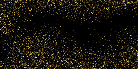 Gold glitter confetti on a black background. Shiny sand particles are scattered. Decorative items. Luxury background for your design, greeting cards, invitations, vector