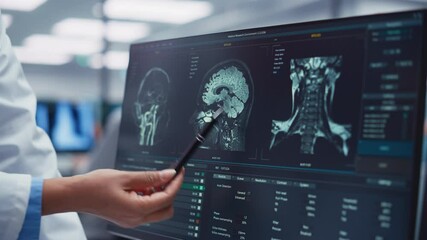Medical Hospital: Neurologist and Neurosurgeon Talk, Use Computer, Analyse Patient MRI Scan, Diagnose Brain. Brain Surgery Health Clinic Lab: Two Professional Physicians Look at CT Scan. Close-up - Powered by Adobe