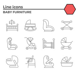 Baby Furniture Thin Line Related Icons Set on White Background. Simple Mono Linear Pictogram Pack Stroke Logo Concept for Web Graphics
