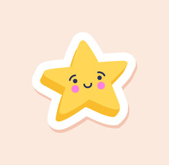 Diary sticker concept. Cute smiling yellow star with white thin frame. Design element for decorating notebooks and printing on paper. Cartoon flat vector illustration isolated on pink background