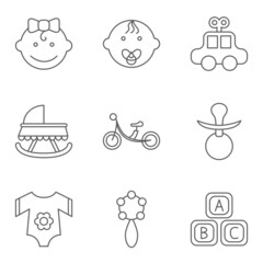 Baby related flat icon set for web and mobile applications. Set includes - boy, girl, car, crib, bicycle, nipple, clothing, rattle, blocks. It can be used as - logo, pictogram, icon, element