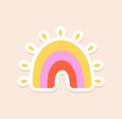 Diary sticker concept. Colorful icon with cute rainbow and white thin frame. Design element for social networks and printing on paper. Cartoon flat vector illustration isolated on pink background