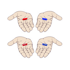 Red and blue pill in the palm.