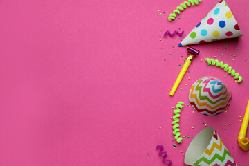 Flat lay composition with party items on pink background, space for text