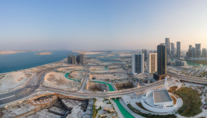 Pre sunset aerial view on developing part of Al Reem island in Abu Dhabi