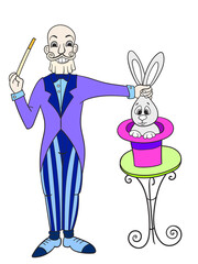 Magician pulls rabbit out of hat. Isolated character, color.
