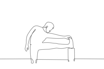 man put foot at right angles to support - one line drawing vector. concept of stretching legs to stretch out, warming up muscles before training, pilates