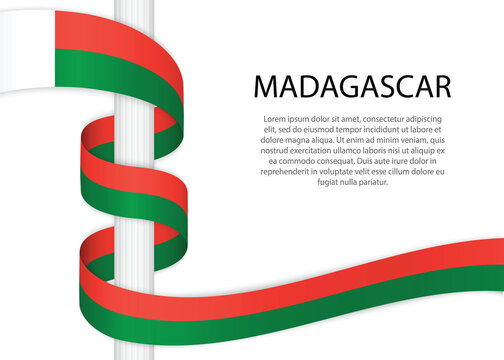 Waving ribbon on pole with flag of Madagascar. Template for independence day
