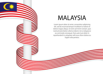 Waving ribbon on pole with flag of Malaysia. Template for independence day