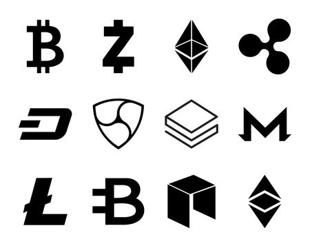 Cryptocurrency Logo Set - Bitcoin, Litecoin, Ethereum, Ethereum Classic, Monero, Ripple, Zcash Dash, Stratis, Bytecoin, NEO, NEM