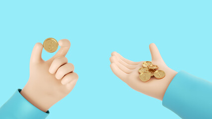 Cartoon 3D Hands Holding Golden $ Dollar Coin On Blue Background. Empty Space - 3D Illustration