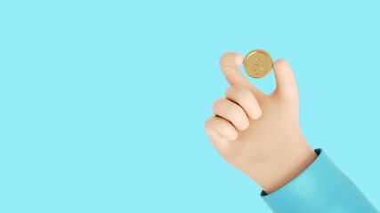 Cartoon 3D Hand Holding Golden $ Dollar Coin On Blue Background. Empty Space - 3D Illustration