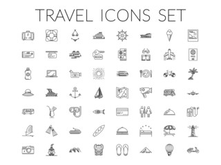 Travel icons set. Summer holidays, vacation and travel objects. Modern infographic logo pictogram collection concept. Line style