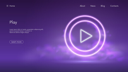 Glowing play button sign, start video mark in circle, live streaming media, futuristic technology with violet neon glow in the smoke, vector business background