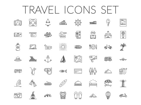 Travel icons set. Summer holidays, vacation and travel objects. Modern infographic logo pictogram collection concept. Line style