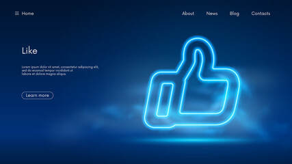 Thumb up icon, hand big finger, like or ok symbol for social networks, futuristic technology with blue neon glow in the smoke, vector business background