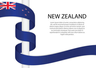 Waving ribbon on pole with flag of New Zealand. Template for independence day