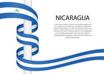 Waving ribbon on pole with flag of Nicaragua. Template for independence day