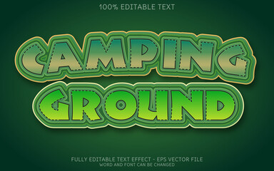 A bold and playful 3D text effect spelling out 'CAMPING GROUND' in a vibrant green and yellow color palette. The cartoonish style and outlined letters create a fun and adventurous atmosphere,