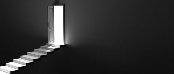 Open door and light at the top of stairs. Business career opportunity in the dark. 3d illustration