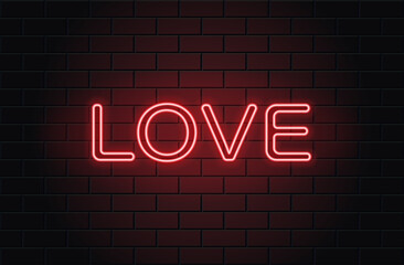Fototapeta na wymiar Neon Love for valentines day on black brickwall background