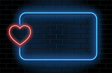 Red neon heart  with blue frame for valentines day on black brickwall background