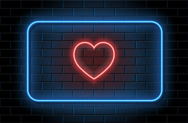 Red neon heart  with blue frame for valentines day on black brickwall background