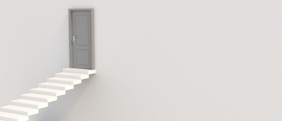 Closed door at the top of stairs. Rising straight staircase. Business career obstacle. 3d illustration