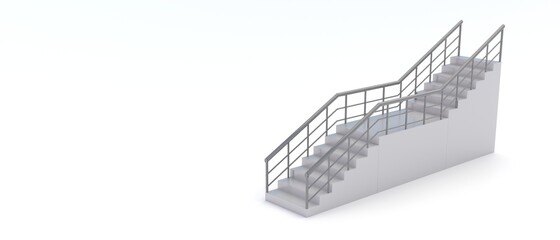 Stair with metal handrail isolated on white empty background. Copy space banner. 3d illustration