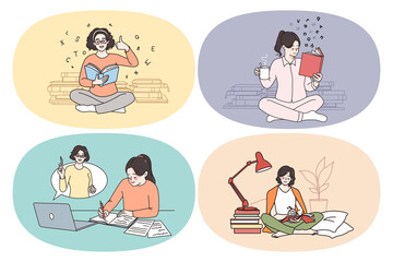 Reading books and getting knowledge concept. Set of young smiling people students pupils reading books getting knowledge doing homework learning online vector illustration 