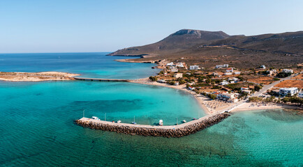 Kythira island, Greece. Aerial view of Diakofti sandy beach and village, turquoise blue sea water