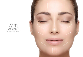 Surgery and Anti Aging Concept. Beauty Face Spa Woman with Lifting Arrows on face. Beauty portrait...