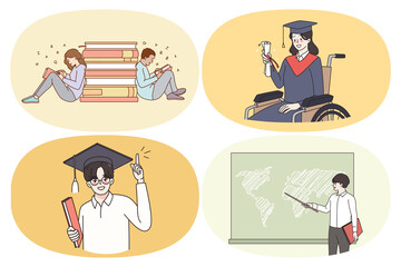 Education process and learning concept. Set of young smiling people students holding diploma with honors graduating from university reading books learning in class vector illustration 