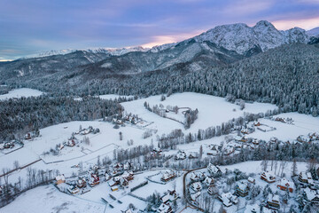 Fototapeta na wymiar Zakopane in Winter Seaon. Snow Covered Cityscape in Podhale, Poland