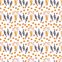 Watercolor seamless pattern with beer and snacks