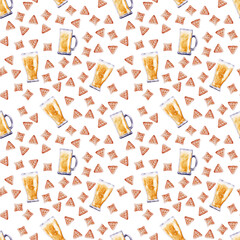 Watercolor seamless pattern with beer and snacks