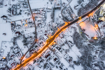 Winter in Zakopane. Snow Covered Town and Streets. Aerial Drone View