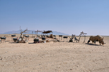 Outdoor tourist shop with crystals and rocks for sale in Namib desert, Uis, Namibia.