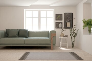 White living room with sofa. Scandinavian interior design. 3D illustration