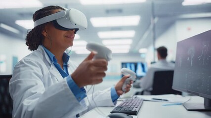 Futuristic Medical Hospital: Neurosurgeon Wearing Virtual Reality Headset Uses Controllers to Remotely Operate Patient with Medical Robot. Modern High-Tech Advance in Breakthrough Medical Treatment